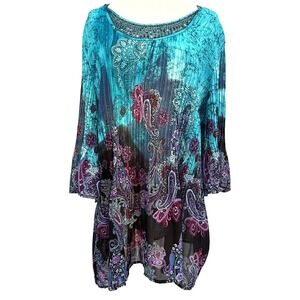 Catherines‎ Womens Top 1X Teal Pink Office Beaded Semi Sheer Crinkle Paisley Art
